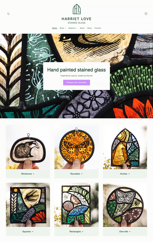 Harriet Love Stained Glass Shopify website